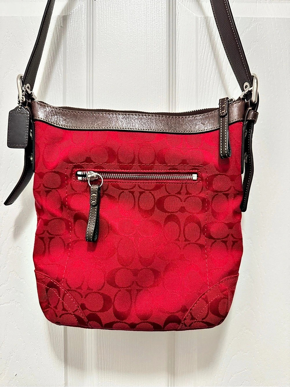 Coach Signature Jacquard Slim Duffle Red & Brown Crossbody Bag